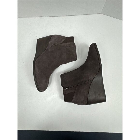 Lucky Brand NWOB Zorlina Wedge Bootie 10M Suede + Textile Upper Brown Zipper - Picture 13 of 16